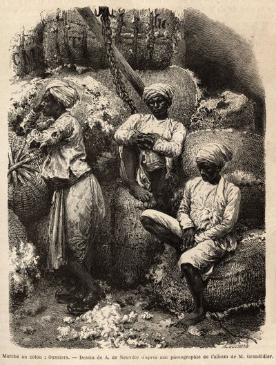 The Parsi workers at rest, at the cotton market in Bombay. Engraving to illustrate the voyage in the meridional provinces of India, by Alfred Grandidier, in 1862-1864, published in 