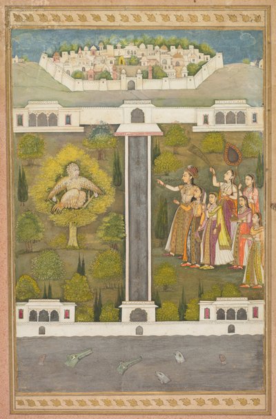 Mahliqa, Daughter of the Emperor of China, Pointing at the Bird-Man Khwaja Mubarak: A Leaf from a Poetical Romance Relating to Shah Alam I (recto) by Unknown artist