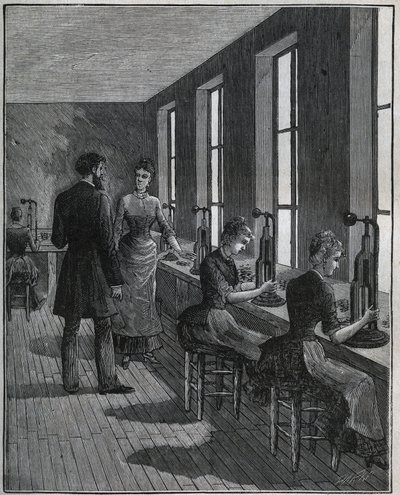 Manufacture of metal feathers: decoupage workshop in France in the 19th century. Engraving from 1885 in 