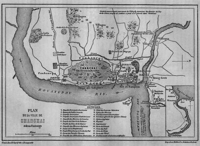 Map of Shanghai City in 1860, view of Chinese Old Town, and foreign concessions in 1860. Carte in 