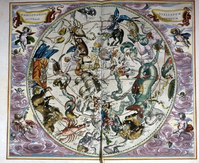 Map of the sky and signs of the zodiac - facsimile of an ancient composition representing the constellations of the southern sky, according to 