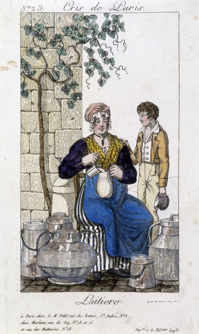 Milk pouring milk into a bottle for a young man - in Cris de Paris, early 19th century by Unknown artist