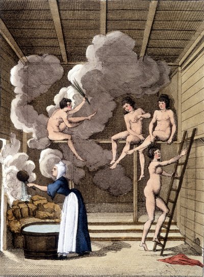 Nude Characters in a Finnish Sauna. Engraving from 1811 Includes a Book About the Journey by Unknown artist