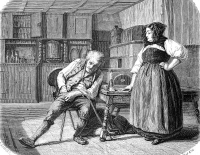 Old Man in an Inn in France, Looking in His Pocket for Money to Pay His Bill by Unknown artist