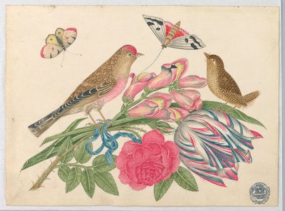 Pair of Brown Birds on Bouquet with Tulip, Rose, and Snapdragons, with Butterflies by Unknown artist