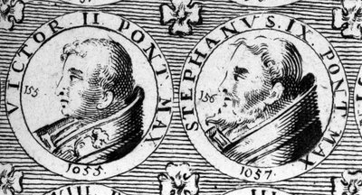 Popes Victor II (died 1057) and Stephen IX (died 1058). Engraving of the 18th century by Unknown artist