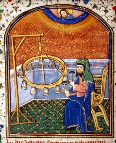 Portrait of Pythagoras (ca. 570 - around 480 BC), Greek mathematician and philosopher, playing a percussion instrument (bells), miniature of the 15th century. by Unknown artist