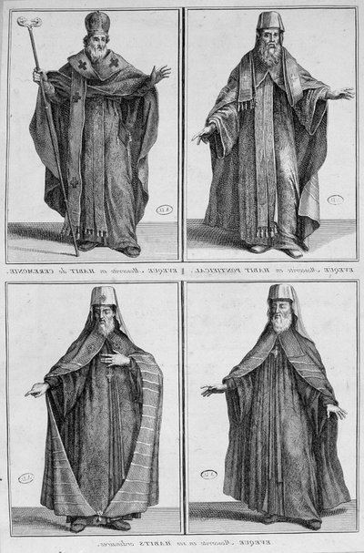Representation of a Moscow Bishop in Ordinary Dress and Ceremonial Dress. Engraving by Unknown artist