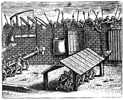 Roman warfare. Defenders attempting to disable battering rams by Unknown artist