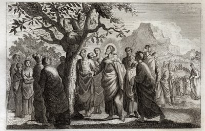 Royaumont Bible, New Testament: Conversion of Zacchaeus. Jesus Christ speaking with Zacchaeus perched on the sycamore. Illustration from 1811. by Unknown artist