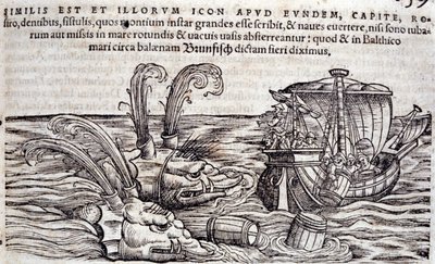 Sailors throw barrels into the sea to distract monsters in pursuit. Engraving in 