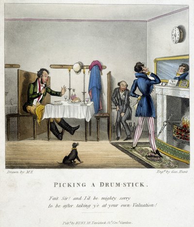 Scene Depicting Three Men in an English Restaurant. One of Them (the Sitting Man), Drunk, Apologizes Ironically to the Man Looking at Himself in the Mirror for Stealing His Share of Chicken. Illustration by M. E. of the Late 19th Century by Unknown artist