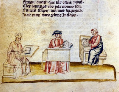 Scientists studying in a monastery. Miniature from the French-Italian manuscript Entree d