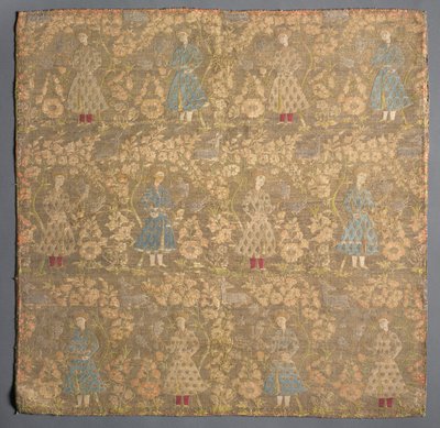 Section of Silk Fabric with Falconers Amid Rose Bushes by Unknown artist