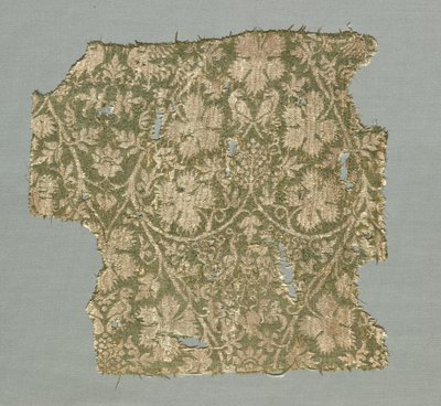 Silk fragment with scrolling vines, grape leaves, grapes and birds by Unknown artist