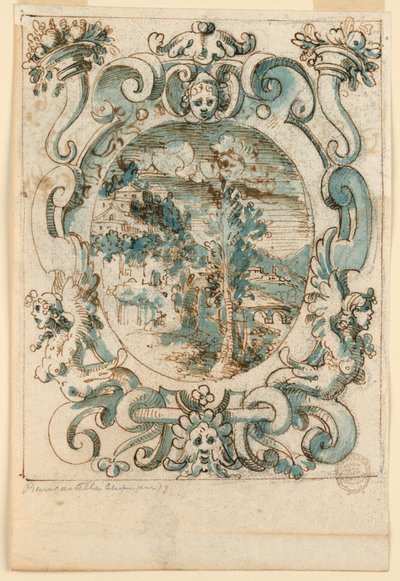 Strapwork Design with Landscape by Unknown artist