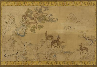 Tapestry: Landscape with Deer, Storks, Pines, and Peach-Tree by Unknown artist