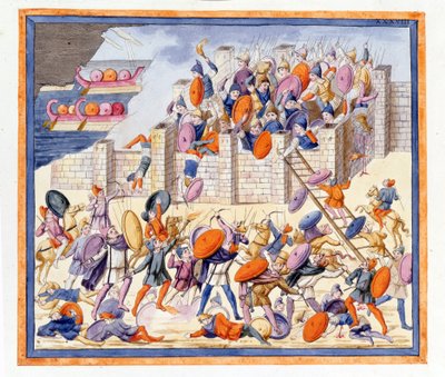 The battle on both sides of the walls built by the Greeks. The Iliad, chant XII, engraving from the end of the 18th century. by Unknown artist