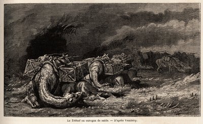 The camel caravan caught in a sand hurricane called tebbad. Drawing by Emile Bayard, to illustrate the journey to Central Asia, in 1863, by Arminius Vambery. Engraving in 