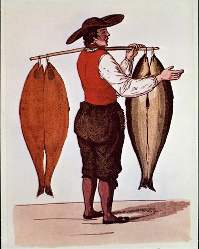 The cries of Paris: a walking salmon merchant smokes Elbe. Anonymous 19th century print by Unknown artist