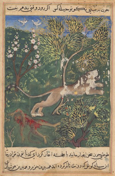 The lion, suspecting treachery on the part of the monkey, slays him and flees (Tales of a Parrot: Twenty-ninth Night) by Unknown artist