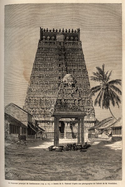 The main gopuram of the temple of Rama a Combaronum, composed of 11 floors, and topped by 11 balls, the various faces of this pyramidal tower are completely covered with statues. Engraving to illustrate the journey to the meridional provinces of India by Unknown artist