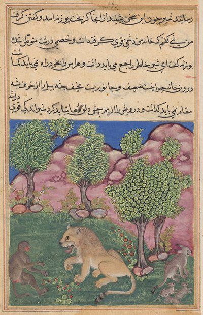 The monkey advises the suspicious lion to cast off fear and take possession of his territory (Tales of a Parrot: Twenty-ninth Night) by Unknown artist