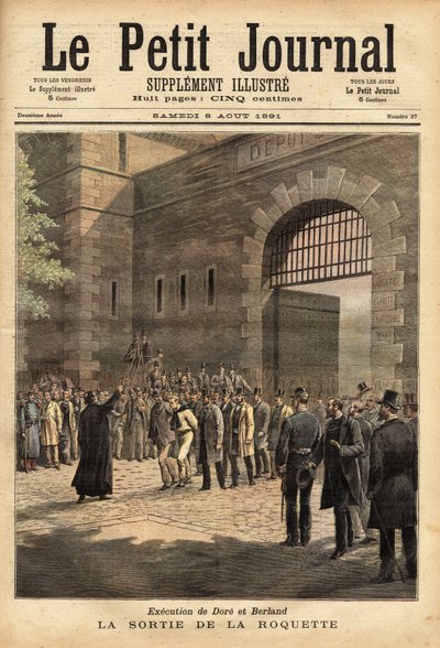 The release of the Paris prison from the rocket on 27 July 1891, criminals Dore and Berland sentenced to death. Engraving of Henri Meyer in 