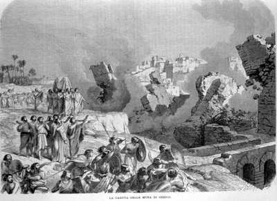 The walls of Jericho collapsed to the sound of the Trumpets of Hosea, which allowed the Hebrews to seize them. Book of Joshua. Engraving of the 19th century. by Unknown artist