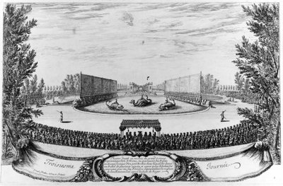 Third day: theatre set up in the middle of the Great Pond, representing the island of Alcine... Engraving 1676 by Unknown artist