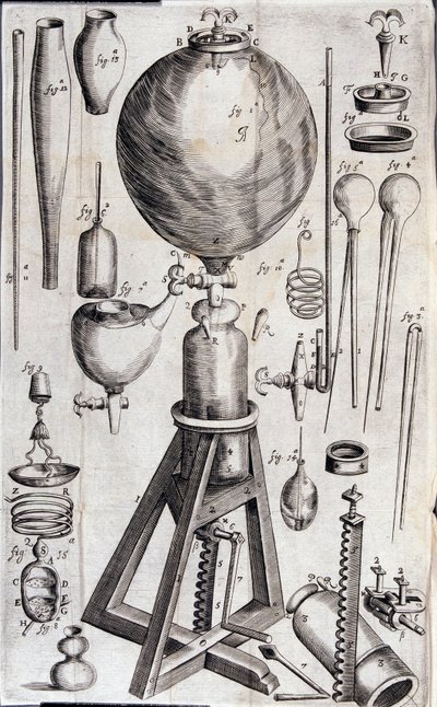 Tools for scientific experiments - in Nova experimenta physico-mechanica de vi aeris elastica, et ejusdem effectibus, facta maximam partem in nova machina pneumatica by Robert Boyle by Unknown artist