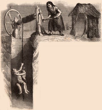 Two exhausted children taken out from an English coal mine by a woman with a winch (engraving) by Unknown artist