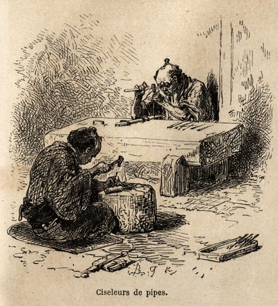Two workers, each with a hammer and a punch, are carving metal pipes in their workshop. Engraving to illustrate the journey to Japan, by Aime Humbert, minister of the Swiss Confederation, in 1863-1864, published in 