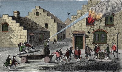Use of a fire pump to extinguish a fire. 1733 engraving. by Unknown artist