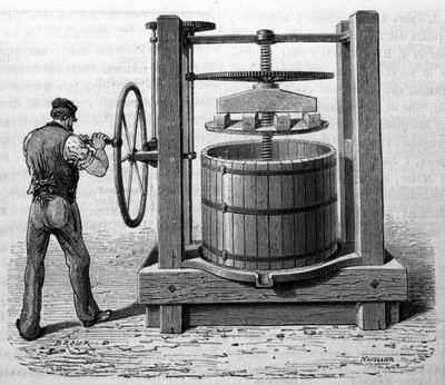 Use of the press to obtain grape marc in Medoc and Cognac. Engraving from the end of the 19th century by Unknown artist