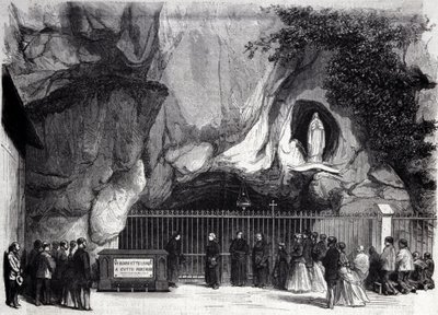 View of the cave of Lourdes in the High Pyrenees where the Virgin appeared to Bernadette Soubirous (1844-1879) in 1858, present place of pilgrimage. Engraving of the 19th century by Unknown artist