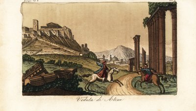 View of the city of Athens, Greece, with the Acropolis and Parthenon at left, ruins of columns, monuments and Propylaea in front by Unknown artist