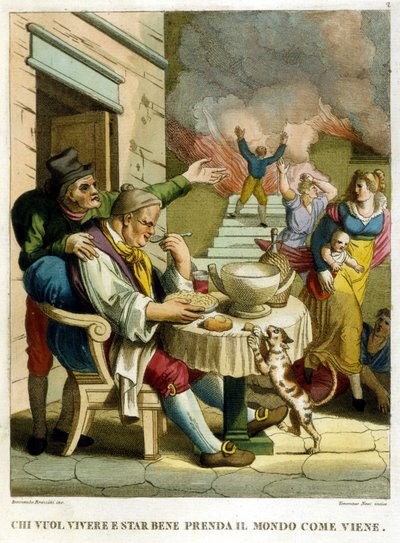 “Whoever wants to enjoy life and live well must take the world as it comes”. Collection of proverbs, engraving from the end of the 18th century by Unknown artist
