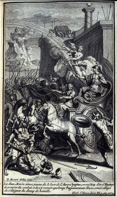 With the two armies joining the rise of the dawn, Jupiter sent Iris to tell Hector to withdraw from the battle and to return only when Agamemnon hurts, would be forced to move away from the battlefield. Illustration of book XI of the Iliad of Homer, French by Unknown artist