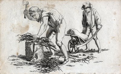 Woodmen making bundles of wood and man carrying bundles on a wheelbarrow by Unknown artist