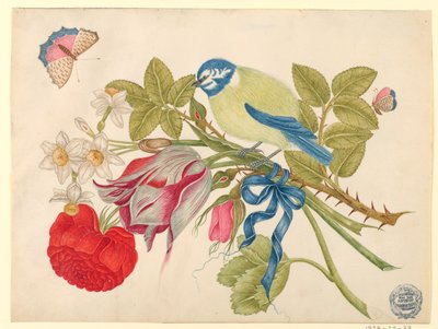 Yellow-and-Blue Bird on Bouquet with Rose, Tulips, and Daffodils, with Butterflies by Unknown artist