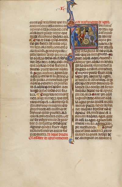 Initial A: A Judge and Two Men Pointing to an Aqueduct and a Millwheel by Unknown artist/maker