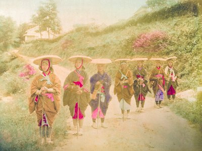 Japanese Women. Seven Japanese Women Stand in Line on a Rural Road. Japan, circa 1910. by Unknown photographer