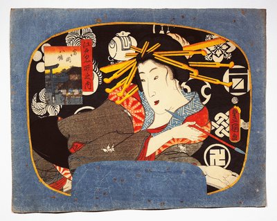 Courtesan with long pipe, Hachiman temple in inset on left by Utagawa Kunisada