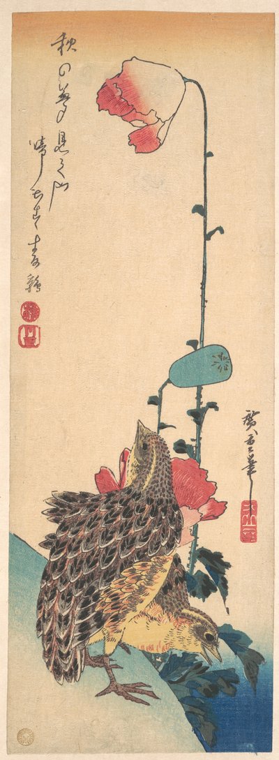 A Pair of Quails and Poppies by Utagawa Hiroshige