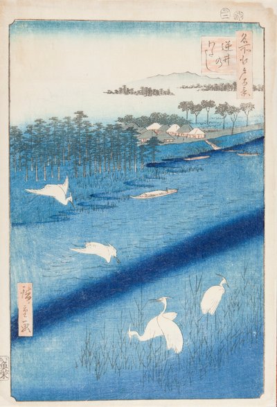 White Herons over the Sakasai River / Sakasai no watashi, Plate 58 from the series: One Hundred Famous Views of Edo / Meisho Edo hyakkei by Utagawa Hiroshige