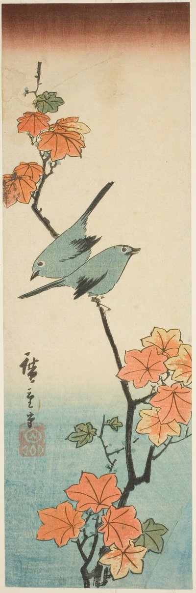 Japanese White-Eyes on a Maple Branch by Utagawa Hiroshige