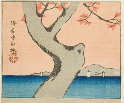 Maple Leaves at Kaian Temple, section of a sheet from the series "Cutout Pictures of Famous Places in Edo" by Utagawa Hiroshige