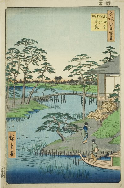 Mokubo Temple, Uchigawa Inlet, and Gozensaihata, from the series "One Hundred Famous Views of Edo" by Utagawa Hiroshige
