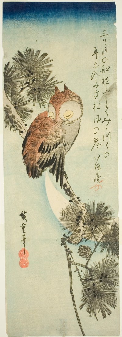 Small-Horned Owl, Pine, and Crescent Moon by Utagawa Hiroshige